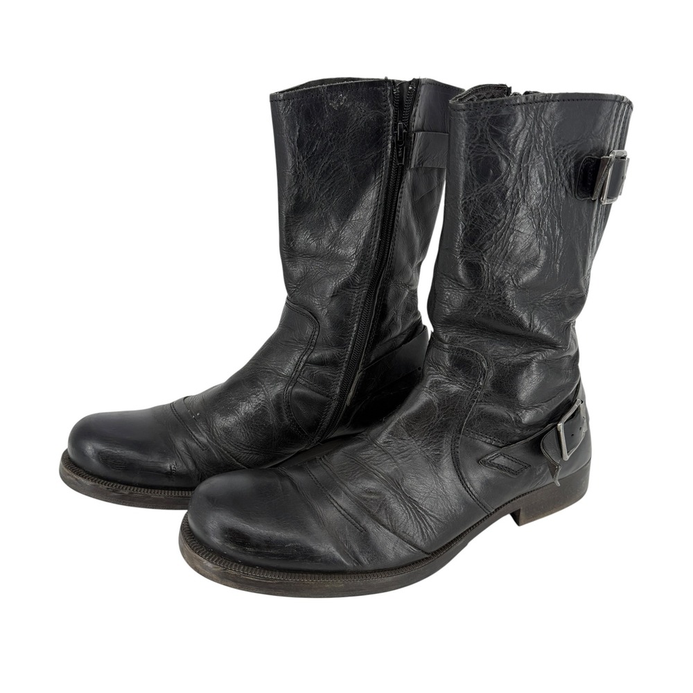 Bronx Engineer Mid Calf Biker Boots Side Zip Buckle Mens 45 12 Black Leather